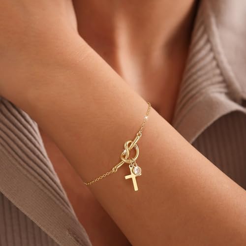 Moodear Cross Bracelet for Women, Dainty Sterling Silver/Gold Plated Gift - color: Gold Knot Cross Bracelet