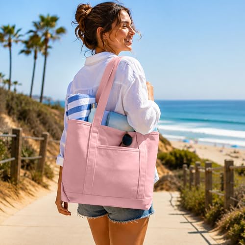 DALIX 20" Solid Color Cotton Canvas Shopping Tote Bag in Light Pink - color: Light Pink