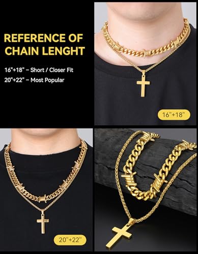 ChainsHouse Mens Cross Necklace Stainless Steel Layered Chain Cross Pendant - color: Gold