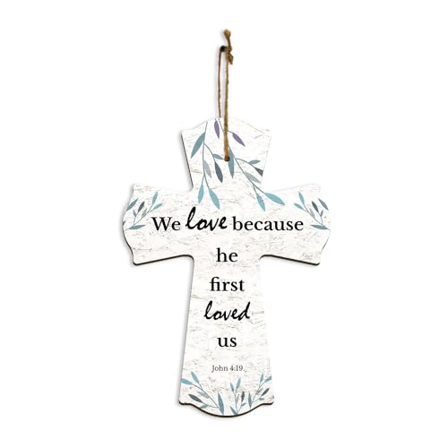 We love because he first loved us. John 4:19 11.5" x 8" Cross Hanging Sign | Rustic Twine | Inspiring Religious Bible Decor