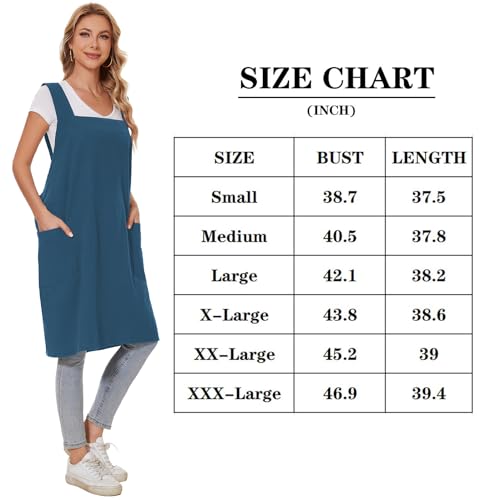 Linen Cotton Aprons for Women Smock Cross-Back Apron with Pockets - color: 07-dark Blue, size: XX-Large