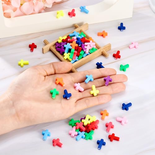 100Pcs Acrylic Cross Beads Assorted Color Kandi Beads Crucifix Easter Bracelet Bead for Keychain Crafts DIY Jesus Bracelet Rosary Jewelry Making Supplies 15x12mm - color: Random Colors #2