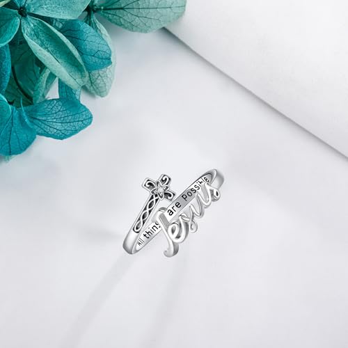 ONEFINITY Cross Rings for Women 925 Sterling Silver Faith Cross Adjustable Ring Christian Spoon Rings Religion Jewelry For Women Daughter Friend - color: Jesus