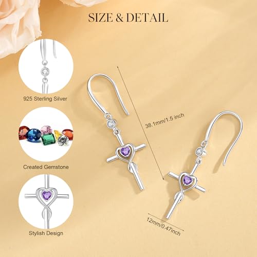 FANCIME Gift for Women Cross Dangle Drop Earrings 925 Sterling Silver Heart Birthstone Earring Fine Jewelry Birthday Gifts for Her Women - color: 02-Amethyst