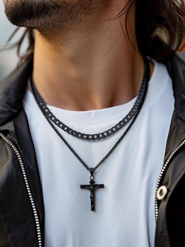 FaithHeart Cross Necklace for Men, Silver/Black/Gold Crucifix Necklace Stainless Steel Pendant with Cuban Chain Jesus Cross Necklaces Religious Gifts for Men - color: 02. INRI Cross-Black, size: Chain Length 20in/22in