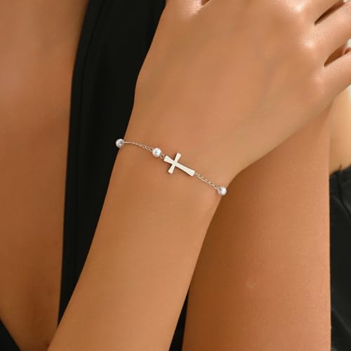 18K Gold Plated Pearl Bracelets for Women Dainty Waterproof - style: Pearls Cross-White Gold