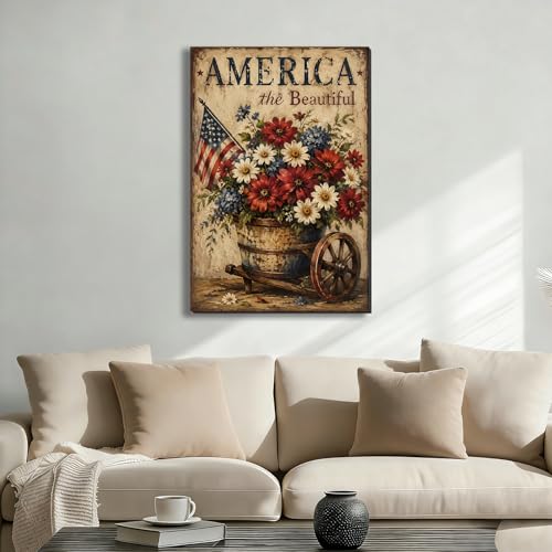 Ship Next Day - Framed Patriotic Wall Art Canvas, America the Beautiful Floral Painting, Rustic Farmhouse USA Flag Canvas Print for Living Room, Kitchen, Bedroom, Office, Made in USA - color: P36, size: 24"L x 16"W