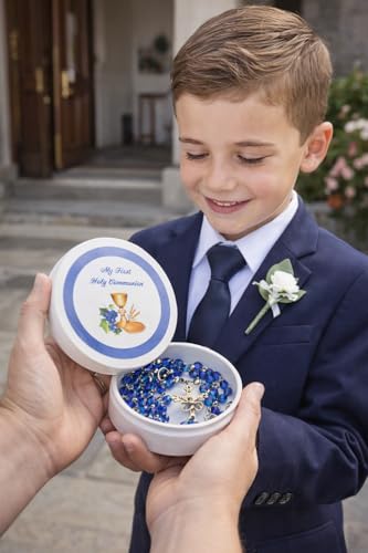 First Communion Rosary Blue Glass Beads Chalice Crucifix Protective Case