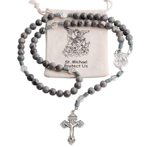 HanlinCC Stone Beads St.Michael Paracord Catholic Rosary with Bag for Men - style: Map Stone