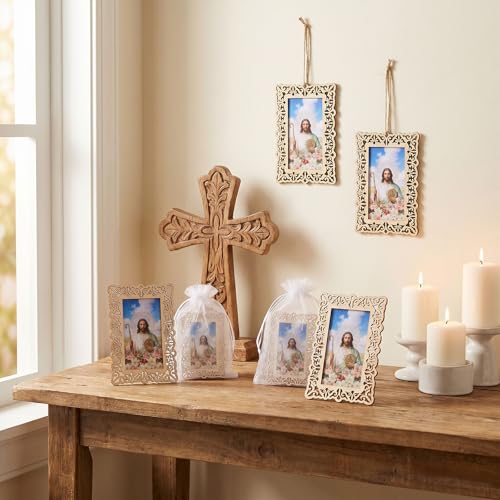 12 Pcs Catholic Saint Jude Wooden Picture Frames with Gift Bags, Baptism Favors for Christening Memorial, Catholic Gifts, First Communion (Rectangle)