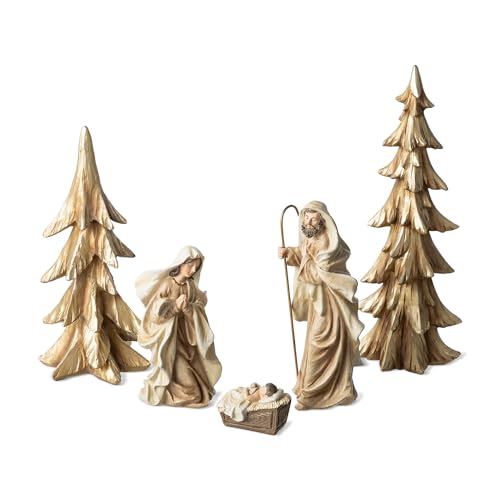 Glitzhome 5-Piece Gold Resin Nativity Set - Holy Family (Mary, Joseph, Baby Jesus) with Christmas Trees, Hand-Painted Nativity Figurines Sets for Christmas Indoor Mantels, Tabletops Decorations - color: Gold