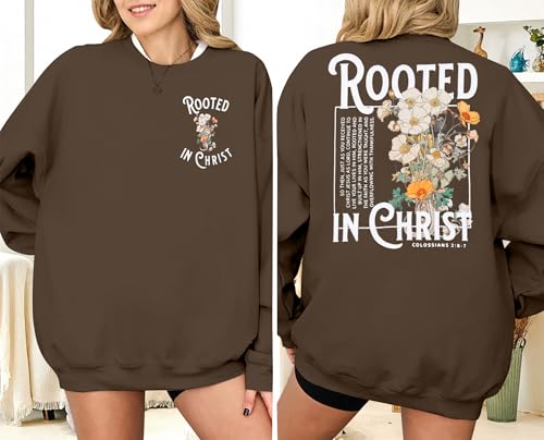 Women Christian Sweatshirt Rooted in Christ Shirts Jesus Boho Faith Clothes - color: Brown, size: Small