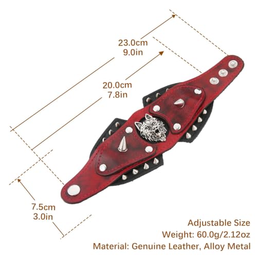 HZMAN Leather Bracelets Retro Men's Leather Cuff Bracelet Adjustable Wide Wristband Bracelet Jewelry Gift - color: Red-Wolf