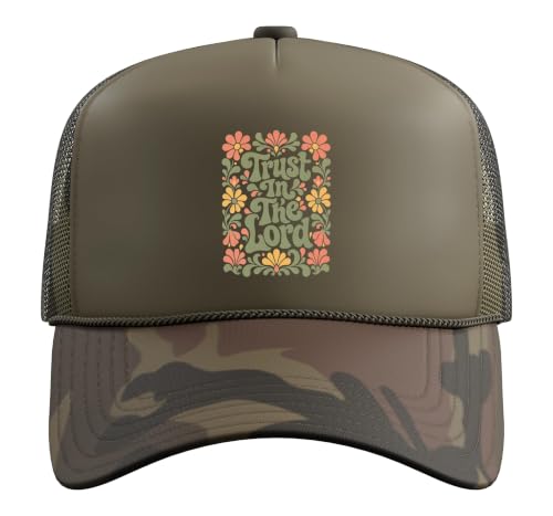 Trust in The Lord Christian Retro Floral Bible Verse Trucker Hat with Adjustable Mesh Back - color: Camo Green