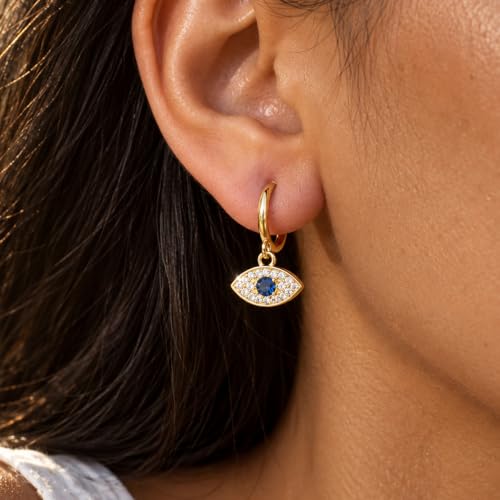 Dangle Earrings for Women, Dainty Huggie Hoop Dangle Earrings - color: Evil Eye 01 Dangle Gold