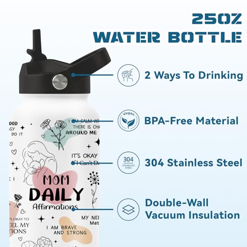 Mom Gifts for Boy, 25oz Mom Water Bottle with 2 Lid & Straw - Moms Daily Stainless Steel Water Bottles, BPA-free Leakproof Insulated Sports Waters Bottle for Home Travel, Gift Cup for Moms - color: Mom daily