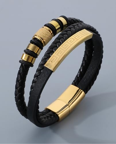 Kim Carrey Italian Handmade Leather Bracelets for Men - color: Golden, size: 8.2"