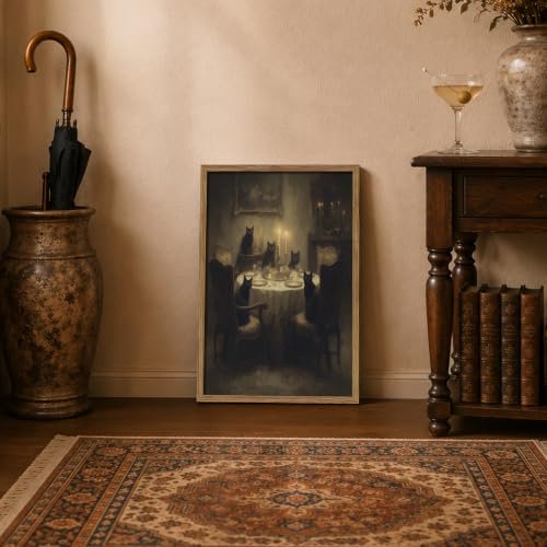 Framed Black Cat Wall Art, Gothic Dark Academia Animal Canvas Wall Decor Painting, Vintage Moody Cat Dinner Artwork Poster Print Picture for Dining Room Living Room Halloween Decor 16x24 Inch - color: Dark Black Cat, size: 24"L x 16"W