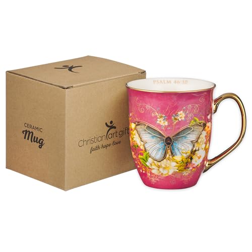 Christian Art Gifts Pink Butterfly Ceramic Coffee Mug, Psalm 46:10, 14 oz. - color: Pink/Be Still