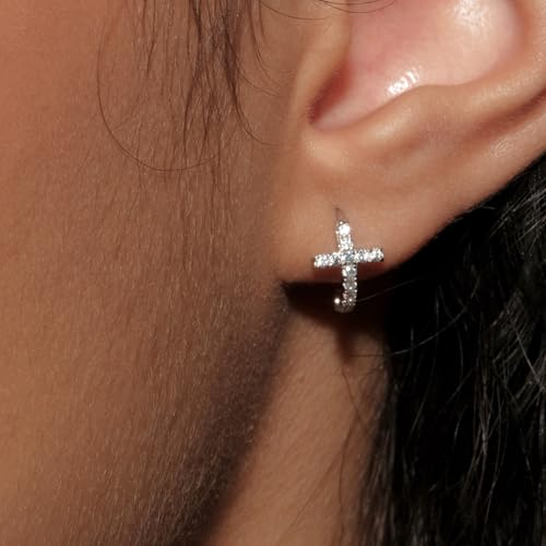 Diamond Hoop Cross Earrings, 925 Sterling Silver Earrings CZ Huggie Hoops - color: Silver