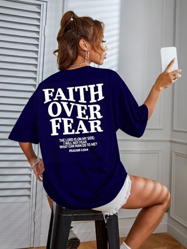 BANGELY Faith Over Fear Shirt Women Graphic Shirts Oversized Workout Gym Christian Religious Tees Drop Shoulder Tee Tops - color: A-blue, size: Small