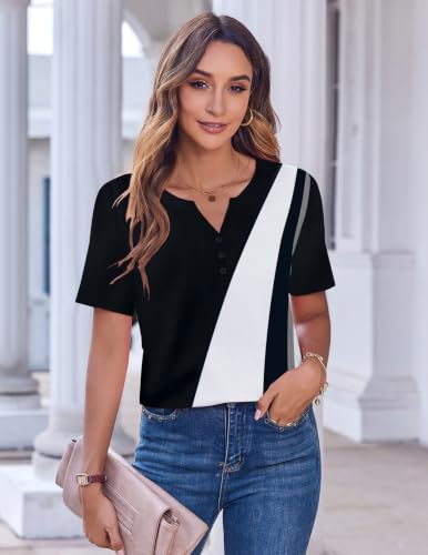 Zeagoo Womens Summer Tops Casual Short Sleeve V Neck T Shirts Dressy Blouse - color: Black White-jh540, size: XX-Large