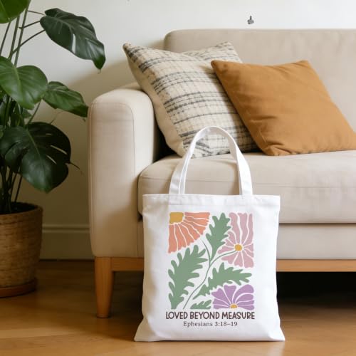 Christian Tote Bag Religious Gifts Canvas Bags for Women Men Shopping Work Gym Picnic Travel - color: Loved Beyond Measure Ephesians 3:18–19