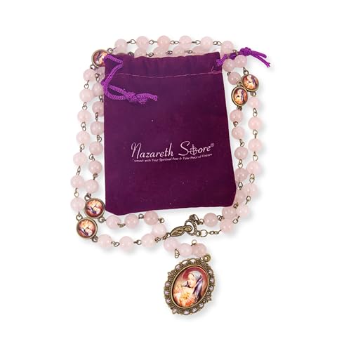 Nazareth Store Our Lady of Sorrows Stone Beads Rosary Solid Beaded Chaplet Necklace with Epoxy 7 Seven Sorrows Medallion - color: Rose Quartz