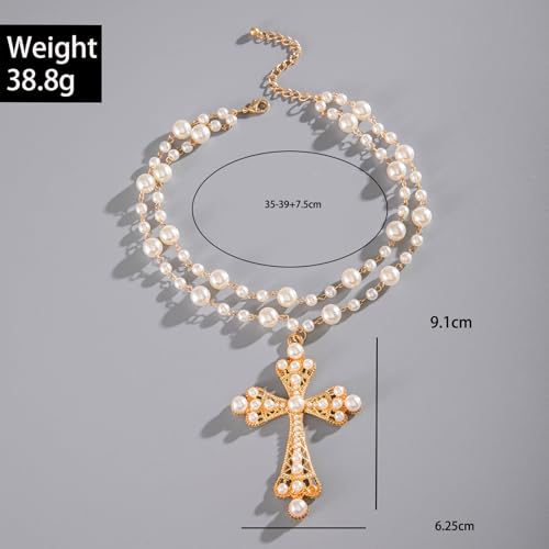 Pearl Cross Necklace Big Cross Pendants Necklaces for Women Chunky Pearl Necklace Gothic Cross Necklace Punk Vintage Cross Jewelry Women - style: Gold 05