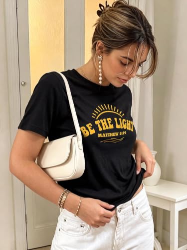Christian Shirts for Women Be The Light Tshirts Crewneck Graphic Tees Tops - color: Black, size: Large