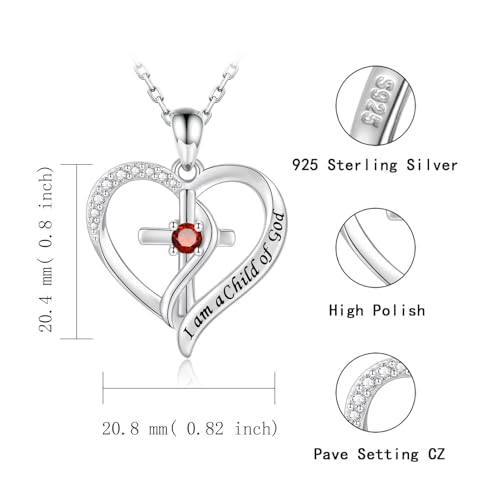 925 Sterling Silver I Am a Child of God Scripture Pendant with Birthstone Heart Cross Communion Necklace for Women Christian Faith Jewelry Gift - color: January