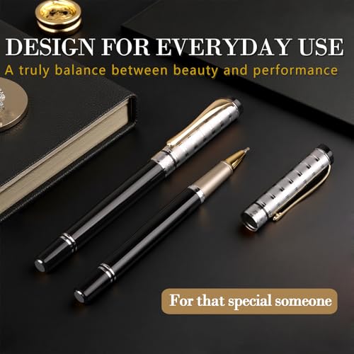 Luxury Gel Ballpoint Pens,Personalized Black Ink Pen Set with 2 Pcs Extras Replaceable Metal Refills, Ultra-Smooth Writing Experience, Perfect for Gifts,Business,Office - style: Silver Black