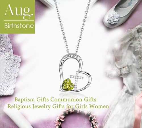 Birthstone Cross Necklace for Girls, Child of God Cross Gifts Jewelry - color: 08. August, style: 01. Silver