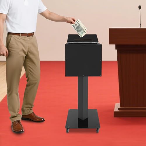 Suggestion Box with Stand, Floor Standing Locking Donation Box - Heavy Duty Acrylic Ballot Collection Box with Wheels, Secure Offering Box for Church, Charity, Voting, Office (Black) - color: Black