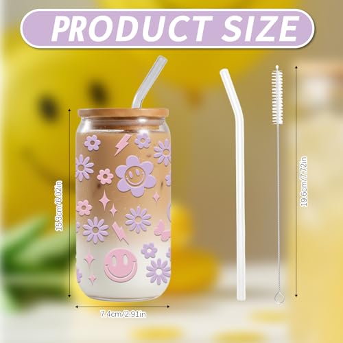 JEKUGOT Cute Smile Glass Cup, Aesthetic Iced Coffee Cup, 16oz Flower Glass Cups with Lids and Straws, Smiley Face Tumbler Gifts for Women and Girls, Birthdays Party Supplies, Incentives