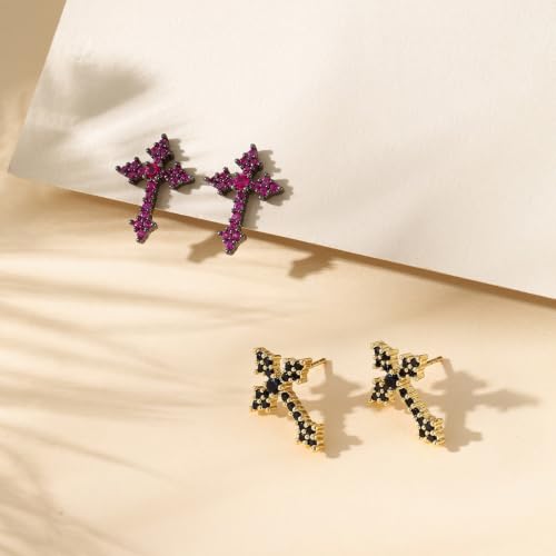 Cross Stud Earrings for Men Women S925 Silver Post CZ Sparkle - color: Black and Gold