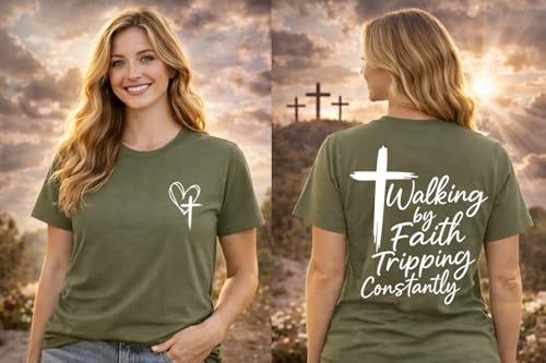 Christian Shirts for Men, Faith Tshirts for Women, Walking by Faith Tripping Constantly T-Shirt, Funny Religious Tee - color: Green, size: 3X-Large
