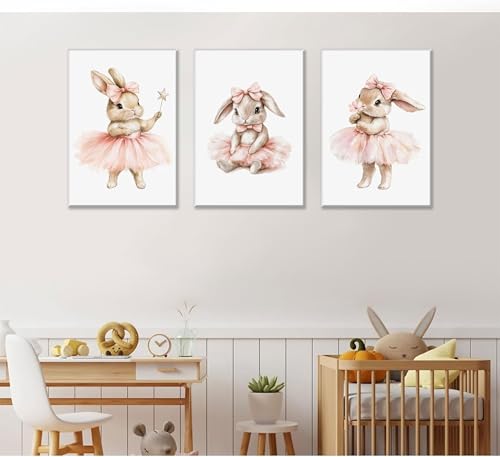 3pcs Pink Bunny Nursery Wall Art Girls Room Wall Decor 12x16in Framed - color: Pink, size: 12x16 Canvas