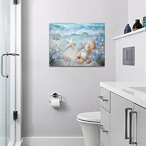 yerretin Beach Seashell Bathroom Wall Art Coastal Starfish Pictures Wall Decor Modern Home Canvas Painting Decorations Artwork for Living Room Bedroom Office Framed, 16"x12" - color: Sealife Flower, size: 16"L x 12"W