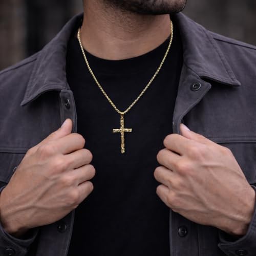 Hammered Stainless Steel Cross Necklace for Men Rustic Christian Faith Jewelry Gift Gold Black Silver Cross Chain for Teens Son Gift 16-24Inches - color: GOLD, size: 22INCH