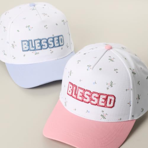 MIRMARU Christian Theme Embroidered 5 Panel Cotton Trucker Hat Snapback Cap for Men and Women - color: Floral Crown-floral Blessed Patch,light Blue