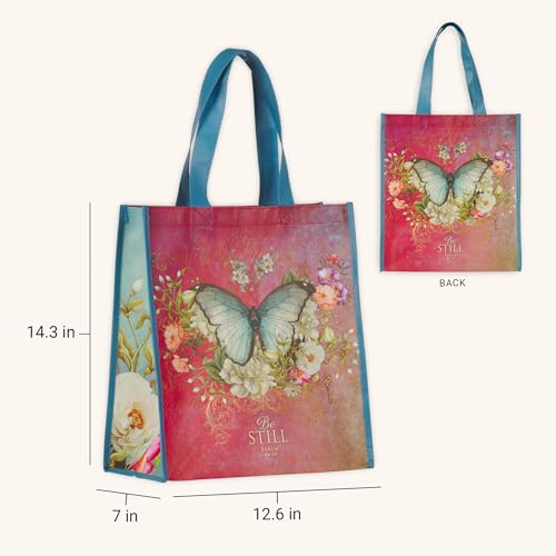 Christian Art Gifts Floral Butterfly Reusable Multicolor Shopping Tote Bag for Women: Be Still - Psalm 46:10, Easy-hold, Durable, Collapsible Religious Handbag for Groceries, Books, Supplies, Red/Teal - color: Red/Be Still