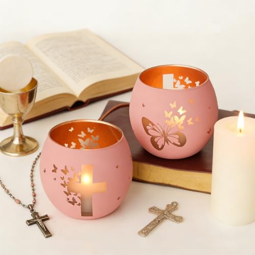 Religious Gifts for Women & Girls, Set of 2 Pink Butterfly Cross Tealight Candle Holders for Table Decor, Christian Baptism, Confirmation, Memorial, Easter Gift
