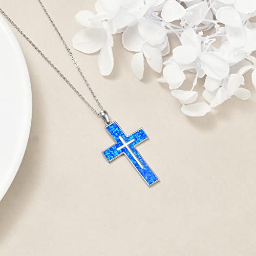YFN Cross Necklace Sterling Silver Religious Cross Pendant Jewelry Christian Gifts for Women Men - style: A. Blue Opal