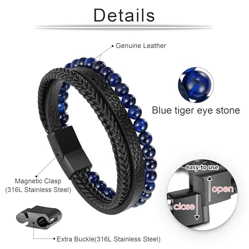 Beaded Leather Bracelets - Gifts for Men, 6mm Tiger Eye Lava Rock Stone Beads Braided Leather Bracelet Handmade Mens Bracelet With Adjustable Magnetic Clasp - color: Black-3