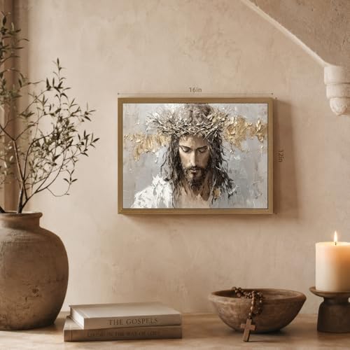 INJOLLY Wood Framed Crown of Thorns Jesus Portrait Wall Art 16x24 in - color: Crown, size: 24"L x 16"W