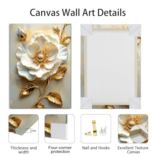 WENGTIAO Modern White Floral Golden Leaves Canvas Wall Art Set 20x28 x3Pcs - color: Flower-golden leaf, size: 20"x28"x3Pcs