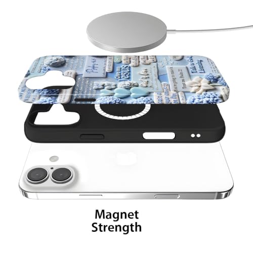 Case for iPhone 16,Pastel Blue Hydrangea Bible Verse Clay Patchwork Phone Case,Trendy Glossy Magsafe Silicone Shockproof Cover for Girl Women - color: Pastel Blue Hydrangea Bible Verse Clay Patchwork, size: iPhone 16