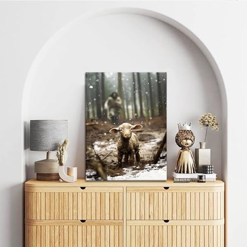 Jesus Christian Wall Art, Jesus Saves the Lost Lamb Canvas Wall Decor, Religion Canvas Art Wall Decor Posters Paintings Prints for Living Room, Bedroom, Prayer Room, Framed 12x16 inch - color: Lost Lamb, size: 16"L x 12"W