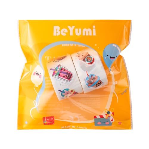 BeYumi Bubble Tea Sticker Roll - 1000Pcs Boba Stickers in 2 Rolls Waterproof Vinyl Drinks Theme Cute Kawaii Bubble Tea Decals Gift Laptop Bottle Scrapbooking Luggage Computer Envelope Decor for Kids - style: Bubble Tea